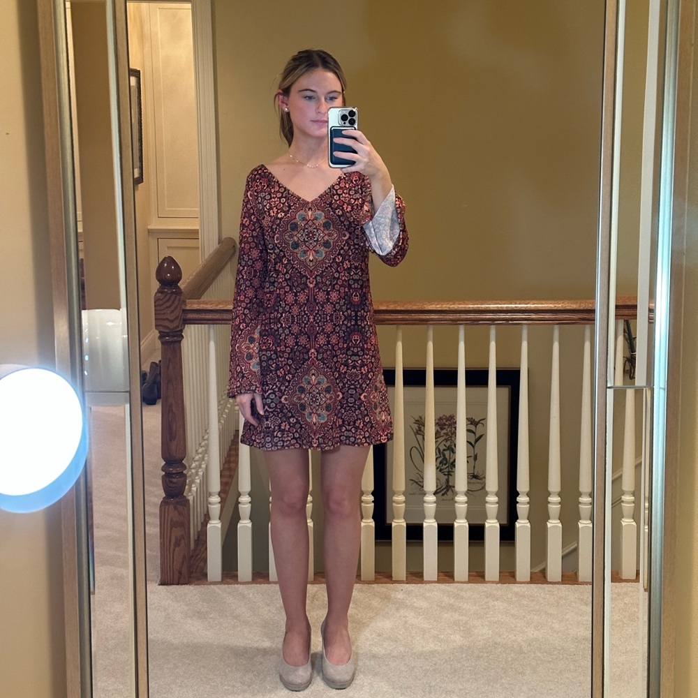 Judith March Long Sleeve Patterned Dress (S, Orange/Brown Pattern)